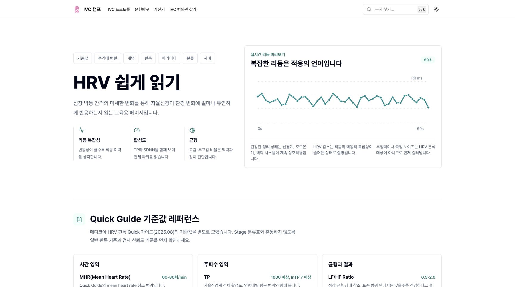 RR 간격 리듬과 HRV 기준값을 보여 주는 교육용 페이지